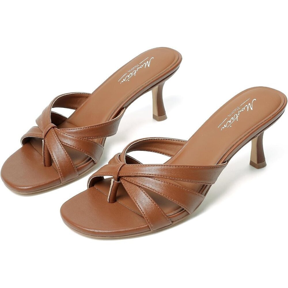 Women Strappy Kitten Brown Heels Open Toe Mules Thong Sandal for Party Wedding